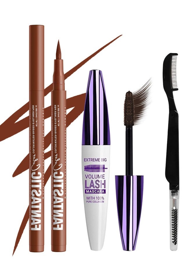 DuaTana Waterproof Brown Mascara&Liquid Eyeliner Pen Set,Volumizing Colored 5D Fiber Mascara for Eyelash Volume and Length Máscara,Longlasting Smudgeproof Matte Color Eye Liner Pencil Women Party Stage Use - Image 1